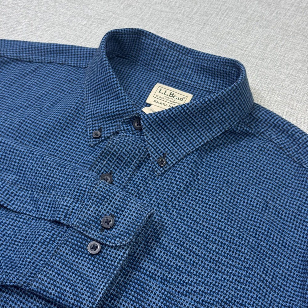 L.L. Bean Wicked Good Houndstooth Flannel Button Shirt Mens LT Blue Long Sleeve